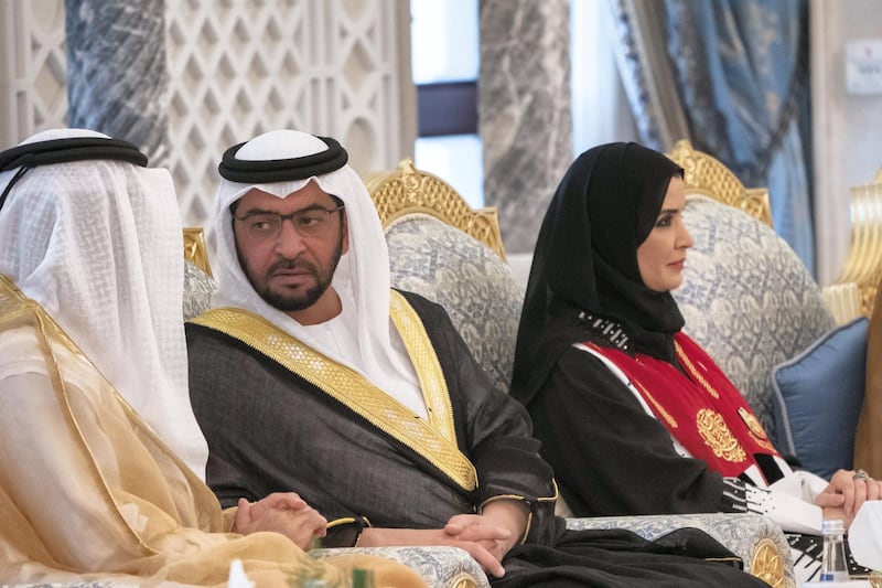 ABU DHABI, UNITED ARAB EMIRATES - December 02, 2018: HH Sheikh Hamdan bin Zayed Al Nahyan, Ruler���s Representative in Al Dhafra Region (C) and HE Dr Amal Abdullah Al Qubaisi, Speaker of the Federal National Council (FNC) (R)  attend a reception hosted by HH Sheikh Mohamed bin Rashid Al Maktoum, Vice-President, Prime Minister of the UAE, Ruler of Dubai and Minister of Defence (not shown) and HH Sheikh Mohamed bin Zayed Al Nahyan, Crown Prince of Abu Dhabi and Deputy Supreme Commander of the UAE Armed Forces (not shown), at the Presidential Palace.

( Rashed Al Mansoori / Ministry of Presidential Affairs )
---