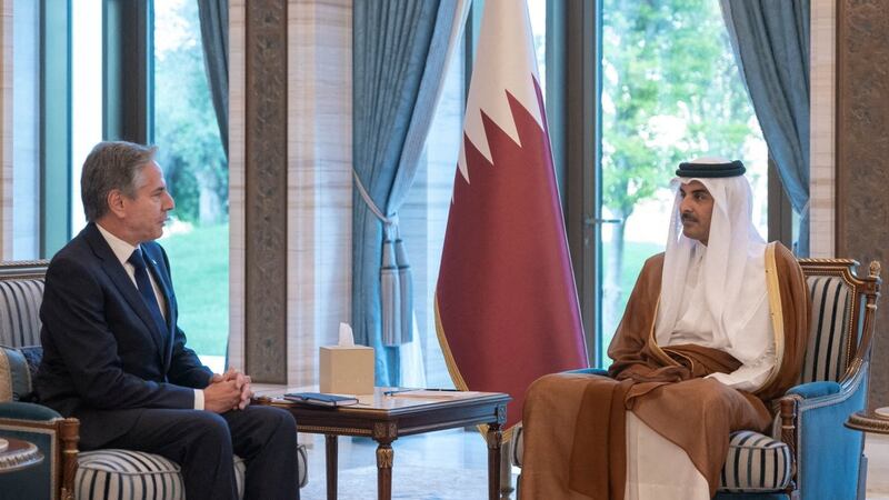 Qatari Emir Sheikh Tamim holds talks with Mr Blinken, in Doha. Reuters