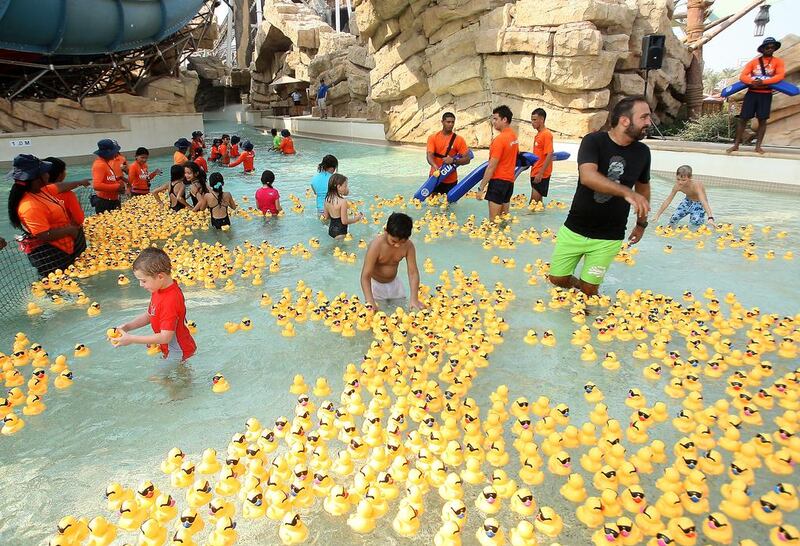 More than 2,000 thousand rubber ducks race for charity raising over Dh60,000 for the Make-A-Wish UAE Foundation at Yas Waterworld in Abu Dhabi. Ravindranath K / The National