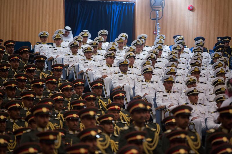 AL AIN, ABU DHABI, UNITED ARAB EMIRATES - October 06, 2016: Cadets at Zayed the Second Military College, listen as HH Sheikh Mohamed bin Zayed Al Nahyan Crown Prince of Abu Dhabi Deputy Supreme Commander of the UAE Armed Forces (not shown), delivers a speech during the unification ceremony of Zayed the Second Military College. 

( Mohamed Al Hammadi / Crown Prince Court - Abu Dhabi )
--- *** Local Caption ***  20161006MH_C109676.JPG