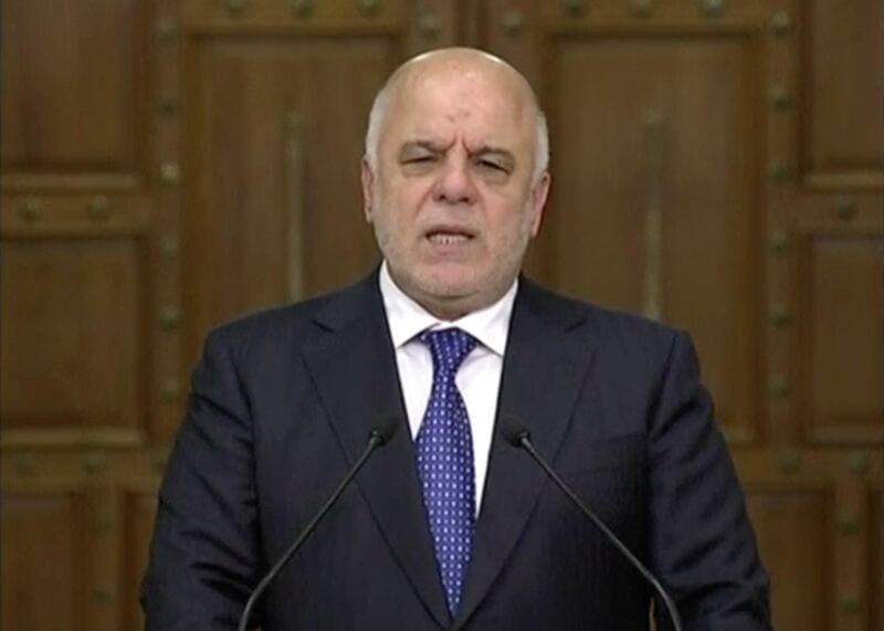A still image taken from a video shows Iraqi Prime Minister Haider Al-Abadi speaking as he makes a statement in Baghdad, Iraq September 24, 2017. REUTERS/via Reuters TV