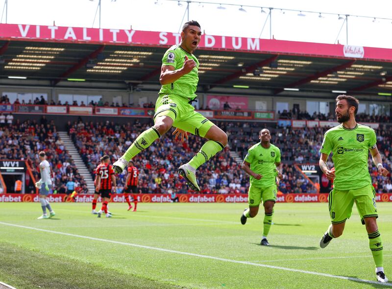 Casemiro celebrates after scoring Manchester United's winner in the 1-0 Premier League victory at Bournemouth on May 20, 2023. Getty