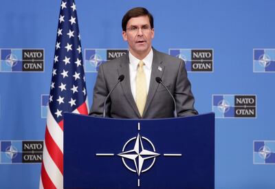 epa08215418 US Secretary for Defense Mark Esper gives a press conference at the end of a NATO defense ministers meeting in Brussels, Belgium, 13 February 2020.  EPA/STEPHANIE LECOCQ