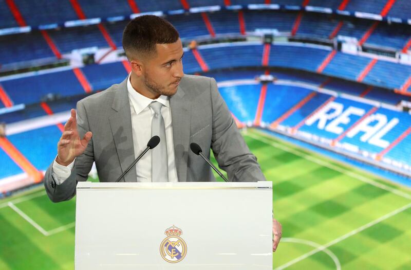 Eden Hazard speaks to the media during his unveiling as a Real Madrid player. Getty Images