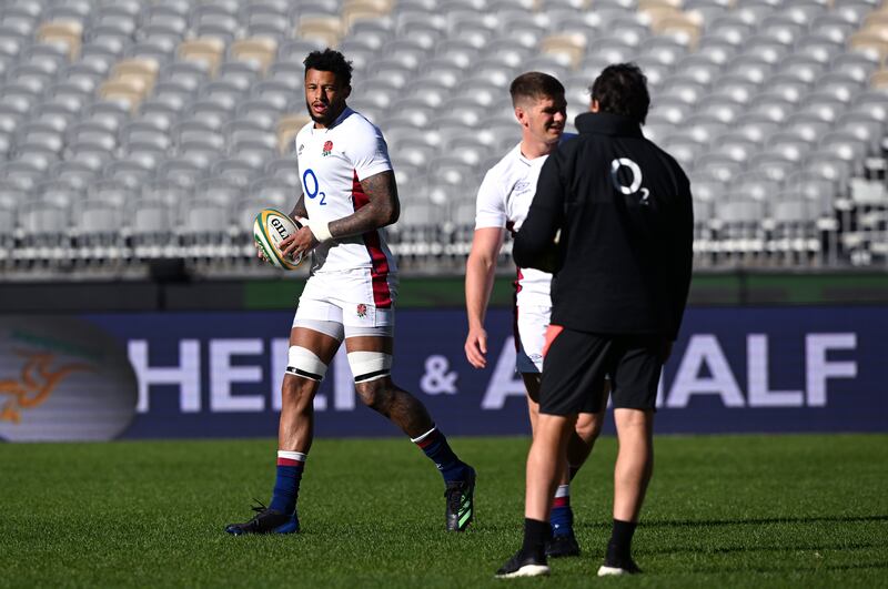 England captain Courtney Lawes looks on to Owen Farrell during the England Rugby team Captain's Run in Perth. EPA