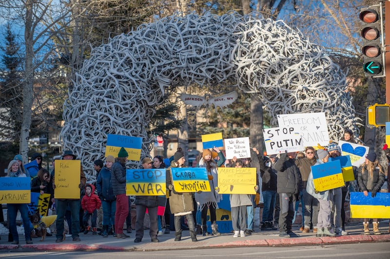 Protesters gather at Town Square in Jackson, Wyoming, to show solidarity with Ukraine amid the Russian invasion. Several of the protesters were native Ukrainians with family in the country. AP