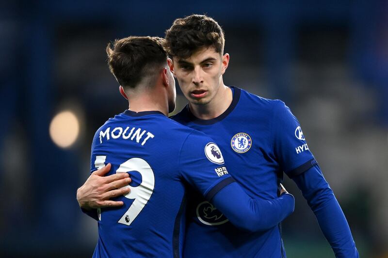 LONDON, ENGLAND - MARCH 08: Kai Havertz and Mason Mount of Chelsea embrace after the Premier League match between Chelsea and Everton at Stamford Bridge on March 08, 2021 in London, England. Sporting stadiums around the UK remain under strict restrictions due to the Coronavirus Pandemic as Government social distancing laws prohibit fans inside venues resulting in games being played behind closed doors. (Photo by Mike Hewitt/Getty Images)
