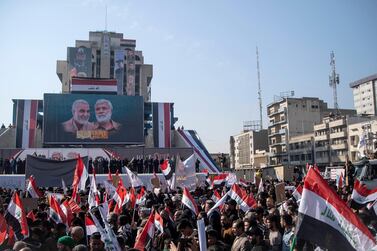 Images of Iranian general Qassem Sulaimani and Iraqi militia leader Abu Mahdi Al Muhandis are emblazoned across the exterior of Baghdad's Turkish Restaurant building, once the headquarters of Iraq's anti-government protesters. Haider Husseini / The National