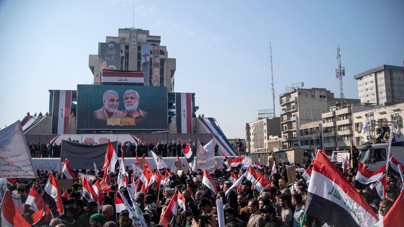 Images of Iranian general Qassem Sulaimani and Iraqi militia leader Abu Mahdi Al Muhandis are emblazoned across the exterior of Baghdad's Turkish Restaurant building, once the headquarters of Iraq's anti-government protesters. Haider Husseini / The National