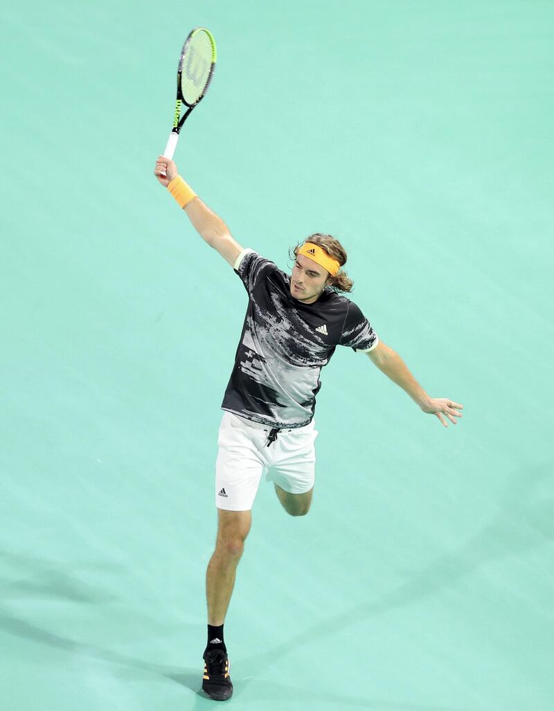 Abu Dhabi, United Arab Emirates - Reporter: Jon Turner: Stefanos Tsitsipas plays a shot during the final between Rafael Nadal v Stefanos Tsitsipas at the Mubadala World Tennis Championship. Saturday, December 21st, 2019. Zayed Sports City, Abu Dhabi. Chris Whiteoak / The National