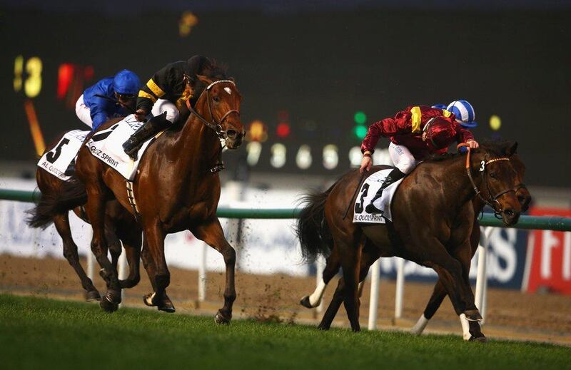 Francois-Xavier Bertras, right, rides The Right Man on the way to victory against Joel Rosario, left, riding Long On Value in the Al Quoz Sprint. Francois Nel / Getty Images