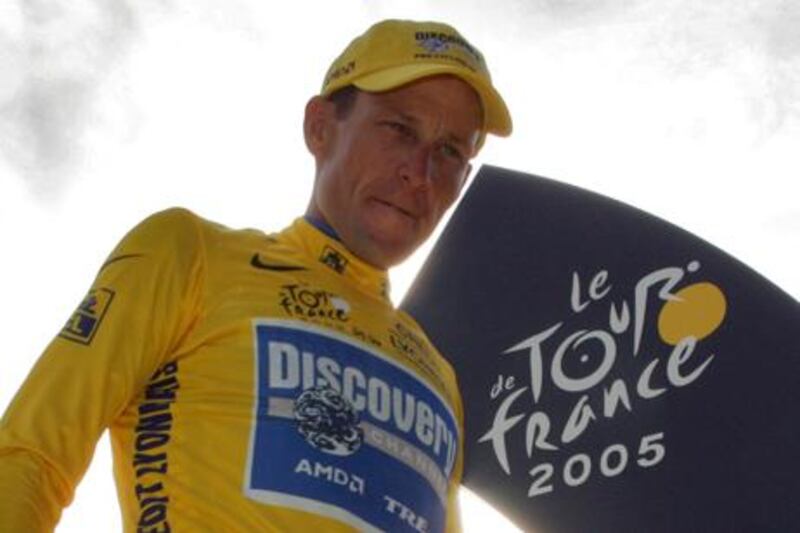 Lance Armstrong on the winners' podium at the 92nd Tour de France in July 2005.
