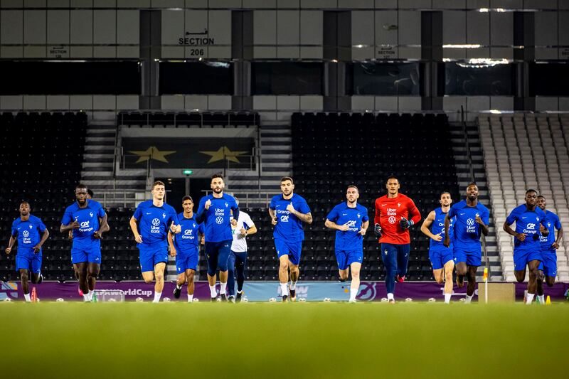 Players of France during training session in Doha. EPA