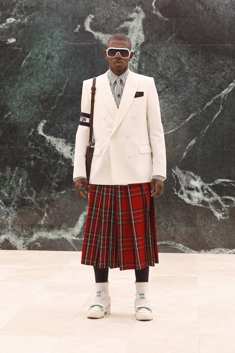 For autumn/winter 2021, Virgil Abloh combined a kilt with a double breasted jacket. Photo: Louis Vuitton