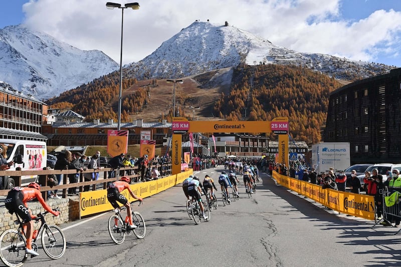 The peloton dides through the village of Sestriere during Stage 20 of the Giro d'Italia on Saturday, October 24. AP