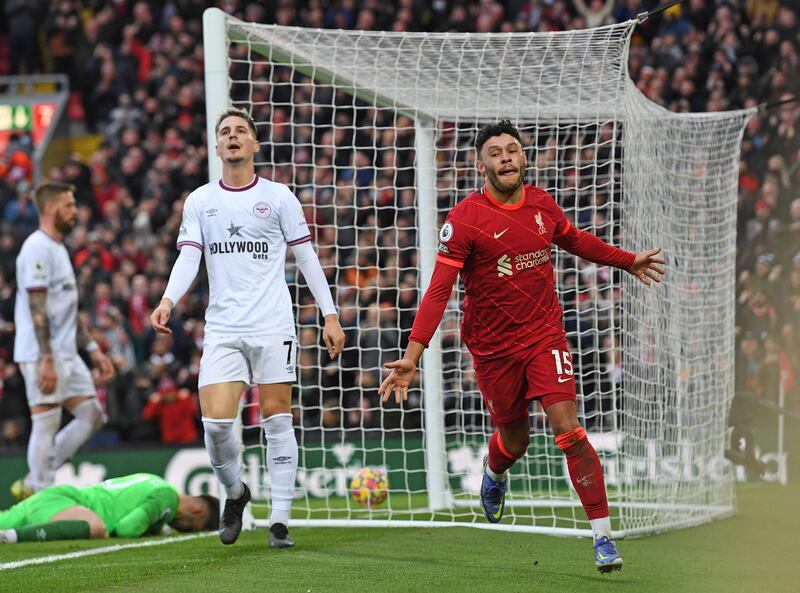 Liverpool midfielder Alex Oxlade-Chamberlain celebrates scoring the second goal against Brentford. AFP