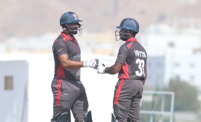 Muhamed Waseem and Vriitya Aravind, right, set up UAE's win over Nepal in the T20 World Cup Qualifier at the Oman Cricket Academy in Muscat. 