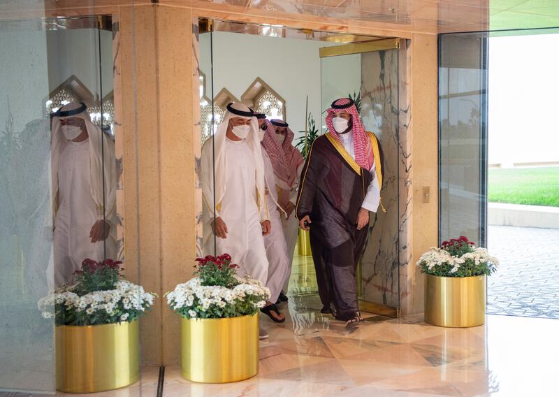 Sheikh Mohamed and Prince Mohammed at King Khalid International Airport.