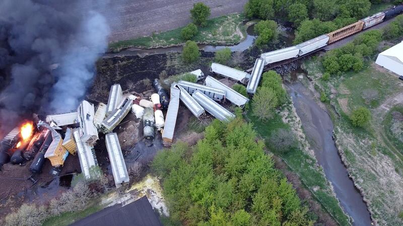 Fire is seen on a Union Pacific train carrying hazardous material that has derailed in Sibley, Iowa, in the US. Reuters