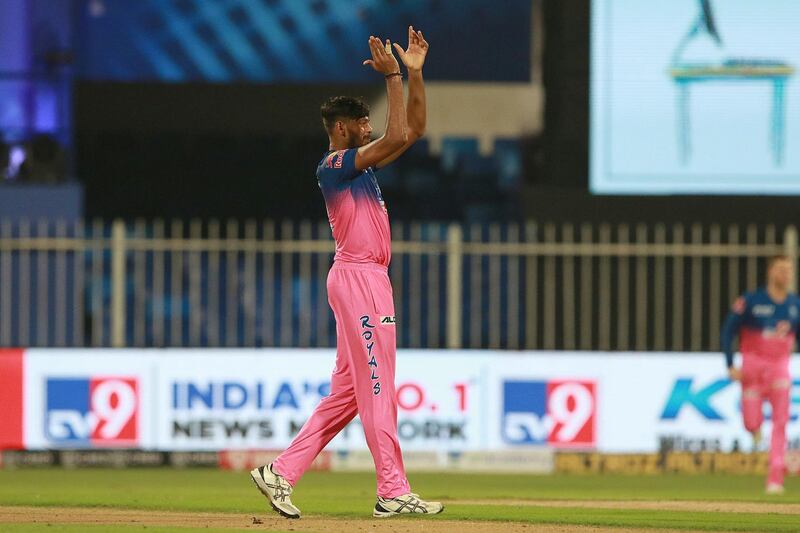 Ankit Singh Rajpoot  of Rajasthan Royals  celebrates after takes a wicket of KL Rahul captain of Kings XI Punjab during match 9 of season 13 of the Indian Premier League (IPL) between Rajasthan Royals and Kings XI Punjab held at the Sharjah Cricket Stadium, Sharjah in the United Arab Emirates on the 27th September 2020.  Photo by: Rahul Gulati  / Sportzpics for BCCI