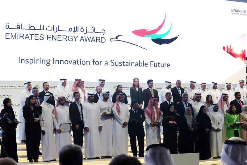 Sheikh Ahmed bin Saeed, chairman of the Dubai Supreme Council of Energy, pictured with the Emirates Energy Award 2022 winners at the World Green Economy Summit.

