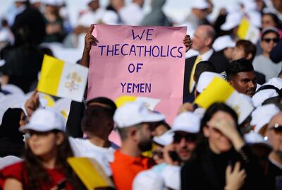 ABU DHABI, UNITED ARAB EMIRATES - FEBRUARY 05:  Worshippers wait for the arrival of Pope Francis to celebrate Mass at Zayed Sport City on February 5, 2019 in Abu Dhabi, United Arab Emirates. Pope Francis will visit the UAE this year for a landmark, three-day visit. It will be the first time that a Pope has ever come to the United Arab Emirates.  (Photo by Francois Nel/Getty Images)