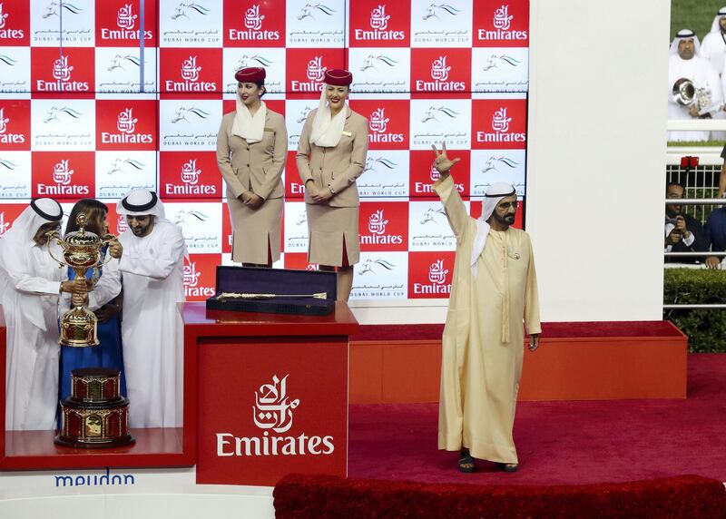 Dubai, United Arab Emirates - March 31st, 2018: HH Sheikh Mohammed bin Rashid Al Maktoum on stage after Thunder Snow ridden by Christophe Soumillion (blue) wins the Dubai World Cup at the Dubai World Cup raceday 2018. Saturday, March 31st, 2018 at Meydan Race Course, Dubai. Chris Whiteoak / The National