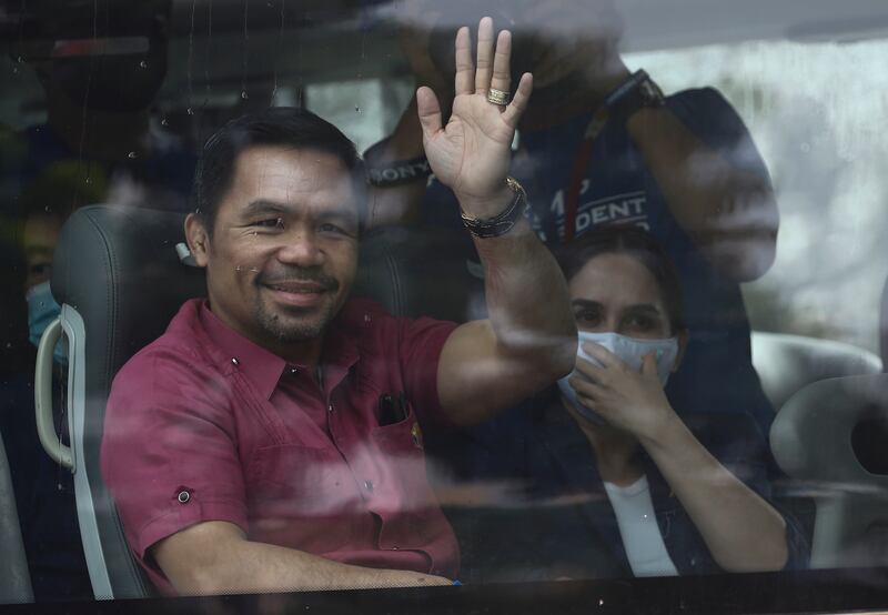 Filipino senator and boxing icon Manny Pacquiao on his way to file his certificate of candidacy for President, in Quezon City, Metro Manila. EPA