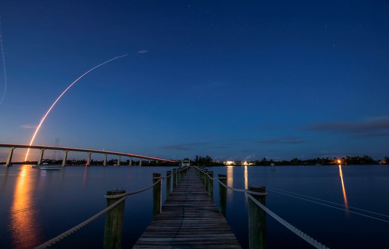 The Inspiration 4 civilian crew blasting off aboard a SpaceX rocket ship and soaring into orbit, as seen from near Vero Beach, in Florida. Reuters