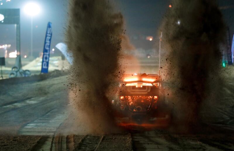 Abu Dhabi, United Arab Emirates, January 2, 2020.  A 740 HP Buggy rips the sand on the starting line during the UTV and Buggy race at the LIWA International Festival 2020.
Victor Besa / The National
Section:  NA
Reporter:  Haneen Dajani