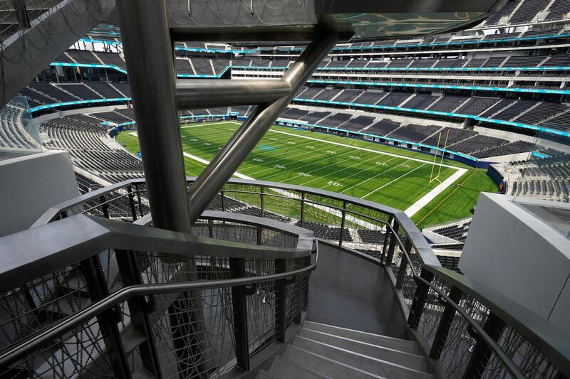 A stairwell connects different levels inside SoFi Stadium. AP