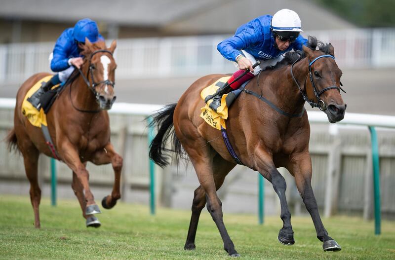 NEWMARKET, ENGLAND - JUNE 06: Terebellum ridden by Frankie Dettori  approaches the finish line to win the Betfair Dahlia Fillies Stakes at Newmarket Racecourse on June 06, 2020 in Newmarket, England. (Photo by Edward Whitaker/Pool via Getty Images)
