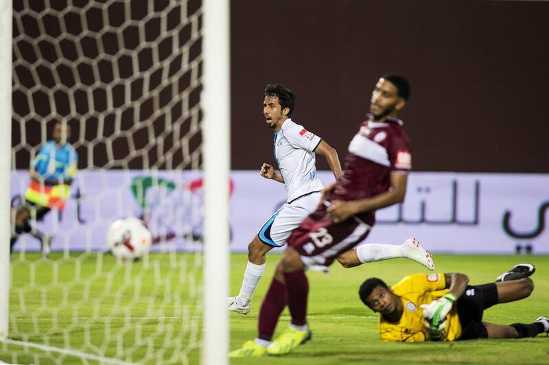 Baniyas' Mohamed Saleh Bargash scores against Al Wahda during their UAE League Cup match at Al Nahyan Stadium in Abu Dhabi on Thursday night. It was the lone goal in the contest. Christopher Pike / The National