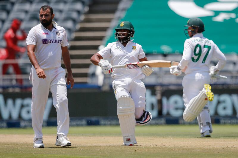 South Africa batsmen Temba Bavuma, centre, and Kyle Verreynne during the second day of the second Test. AFP