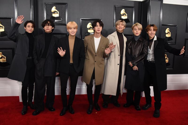 BTS arrive at the 62nd annual Grammy Awards in Los Angeles on January 26, 2020. AP