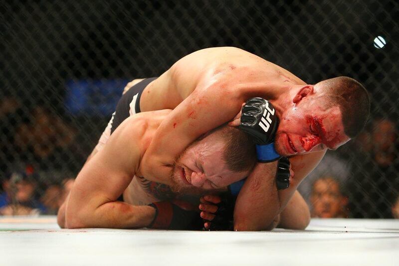 Nate Diaz applies a choke hold to win by submission against Conor McGregor during UFC 196 on Sunday morning in Las Vegas in 2016.