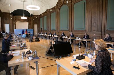 UAE and German delegations during their meeting in Berlin, which explored opportunities for co-operation and joint investment in vital areas. Photo: Wam