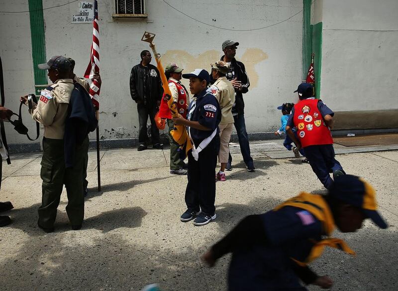 Boy Scouts prepare to march with soldiers, veterans and various other military aligned groups in the 369th Infantry Regiment Parade in Harlem on May 18, 2014 in New York City. Spencer Platt / Getty