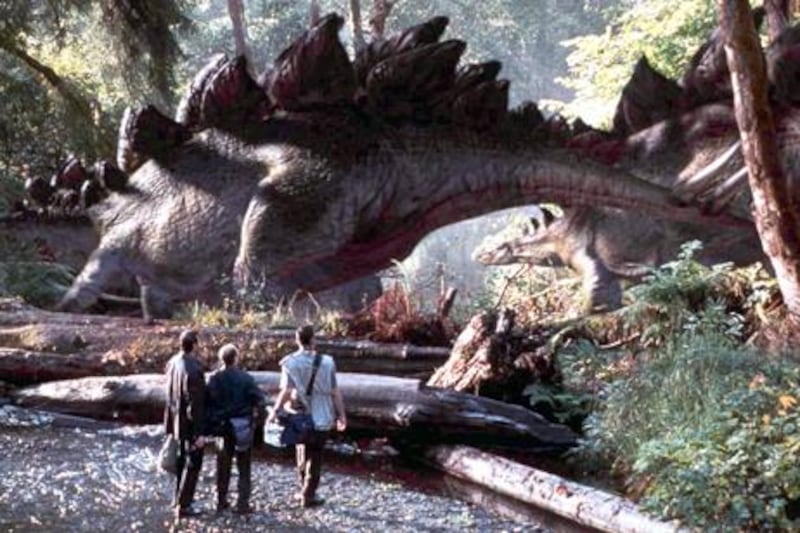Actors (L-R) Jeff Goldblum, Richard Schiff and Vince Vaughn are shown in a scene from the new film "The Lost World Jurassic Park" in which they come dangerously close to a herd of stegosaurs. The dinosaurs in the film are created by computer graphics. The movie opens in the United States May 23. 
? QUALITY DOCUMENT - RTXHIFZ