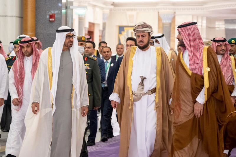 Sheikh Mohamed speaks with Oman's Deputy Prime Minister Asa'ad bin Tariq  and Saudi Crown Prince Mohammed bin Salman.

