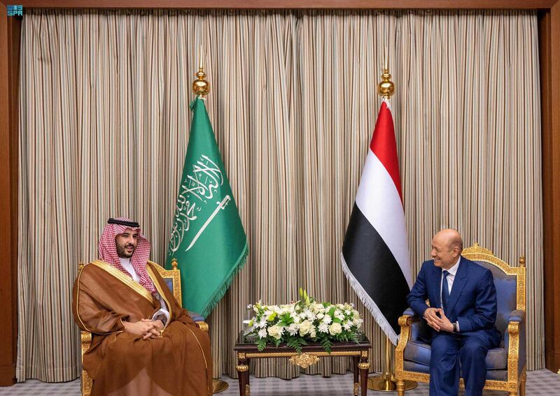 Saudi Arabia's Defence Minister Prince Khalid bin Salman meets Yemen's Presidential Leadership Council head Rashad Al Alimi in Riyadh. SPA