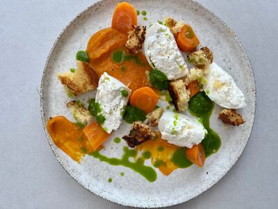 A carrot and burrata dish, made using carrot peel and carrot top greens, by chef Kelvin Leung.
