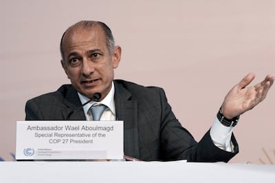 Egyptian career diplomat Wael Aboulmagd, special representative of the Cop27 president, speaks at a news conference at the UN climate summit. AP