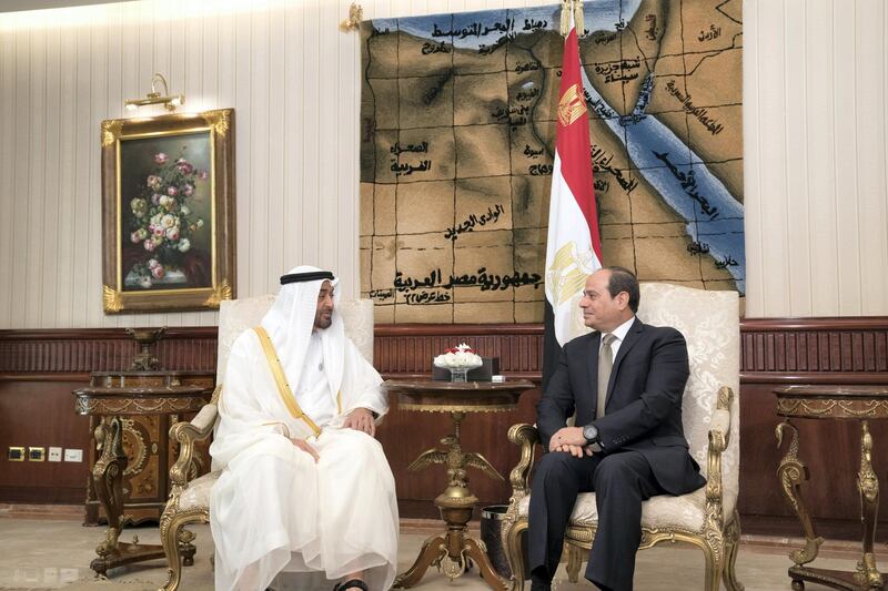 CAIRO, EGYPT - August 07, 2018: HH Sheikh Mohamed bin Zayed Al Nahyan Crown Prince of Abu Dhabi and Deputy Supreme Commander of the UAE Armed Forces (L), is received by HE Abdel Fattah El Sisi, President of Egypt (R), upon arrival at Cairo international Airport, commencing an official visit.

( Mohamed Al Hammadi / Crown Prince Court - Abu Dhabi )
---