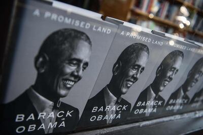 Former US President Barack Obama's new book "A Promised Land" is seen in a bookstore in Washington, DC, on November 17, 2020. Former US president Barack Obama writes in a new memoir that he is still torn by his choices in the Arab Spring, acknowledging he was inconsistent in which leaders to nudge out of power. / AFP / NICHOLAS KAMM
