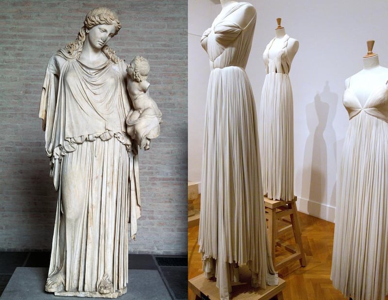 The statue of Eirence in a full-length peplos, left, a Grecian dress that influenced designer Germaine Krebs, aka Madame Grès, whose 1950s collection was shown at the Bourdelle Museum in Paris in 2011. DeAgostin / Getty Images; Jacques Demarton / AFP