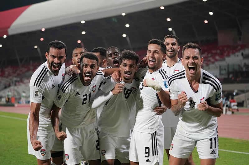 UAE players celebrate the opening goal against Bahrain. Photo: UAE FA