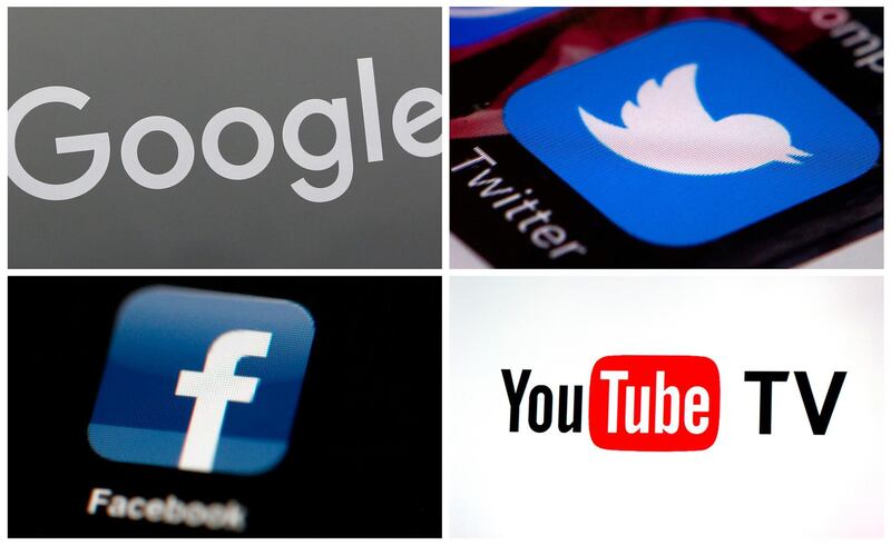 FILE - This combination of photos, clockwise, from upper left: a Google sign, the Twitter app, YouTube TV logo and the Facebook app. Selena Gomez is laying much of the blame for the violent attack on the U.S. Capitol at the feet of Big Tech. The singer told the leaders of Facebook, Twitter, Google and YouTube that they've allowed "people with hate in their hearts" to thrive and therefore "failed all the American people." It's just the latest in the 28-year-old Gomez's efforts to draw attention to the dangers of internet companies. (AP Photo/File)