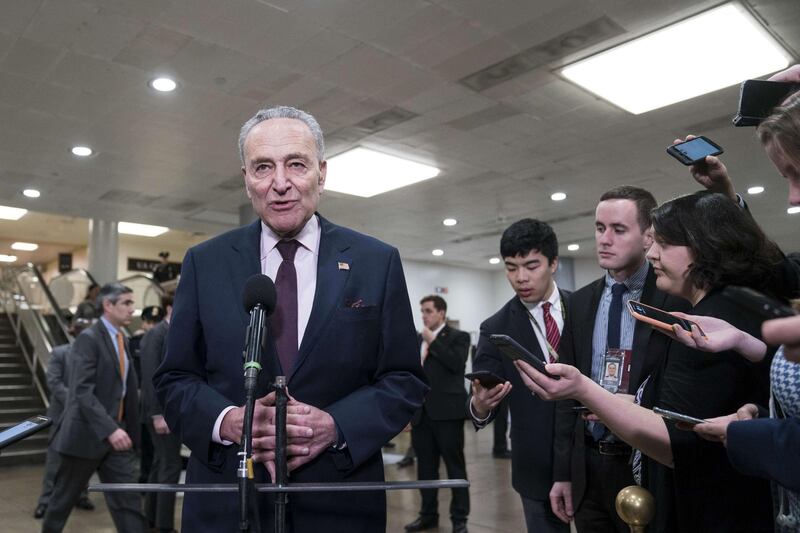 WASHINGTON, DC - FEBRUARY 3: U.S. Minority Leader Sen. Chuck Schumer (D-NY) speaks to reporters near the Senate subway in the U.S. Capitol on February 3, 2020 in Washington, United States. Closing arguments began Monday after the Senate voted to block witnesses from appearing in the impeachment trial. The final vote is expected on Wednesday.   Sarah Silbiger/Getty Images/AFP
== FOR NEWSPAPERS, INTERNET, TELCOS & TELEVISION USE ONLY ==
