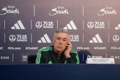 Real Madrid manager Carlo Ancelotti at a press conference in Rabat on February 7, 2023, ahead of his side's Fifa Club World Cup semi-final against Al Ahly.  EPA 